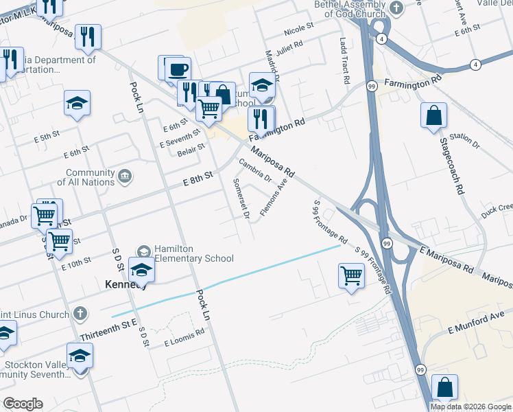 map of restaurants, bars, coffee shops, grocery stores, and more near 2614 Somerset Court in Stockton