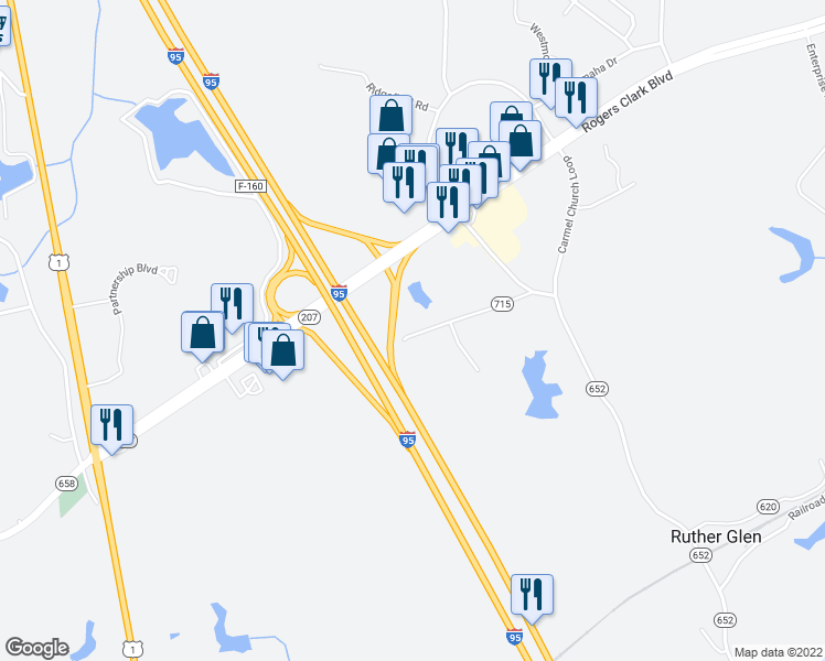 map of restaurants, bars, coffee shops, grocery stores, and more near 10239 Patterson Lane in Ruther Glen