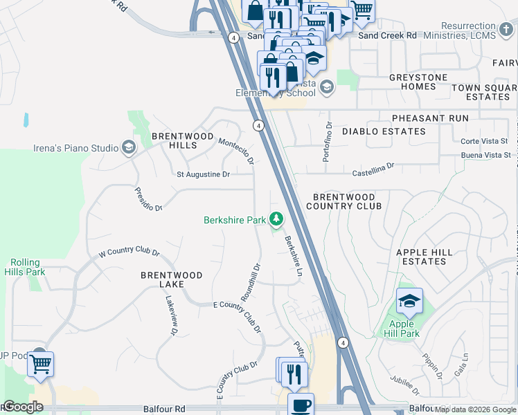 map of restaurants, bars, coffee shops, grocery stores, and more near 398 Roundhill Drive in Brentwood