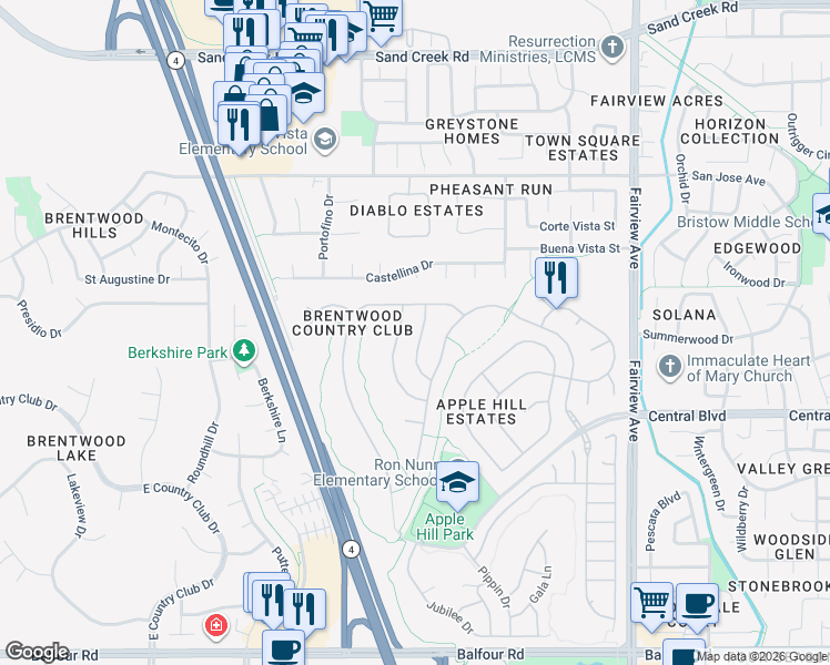 map of restaurants, bars, coffee shops, grocery stores, and more near 629 Sundale Lane in Brentwood