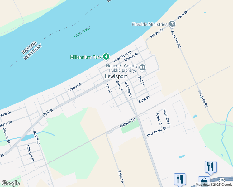 map of restaurants, bars, coffee shops, grocery stores, and more near 490 High Street in Lewisport