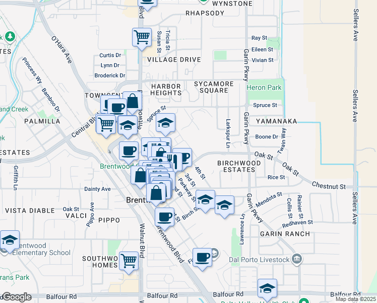 map of restaurants, bars, coffee shops, grocery stores, and more near 708 3rd Street in Brentwood