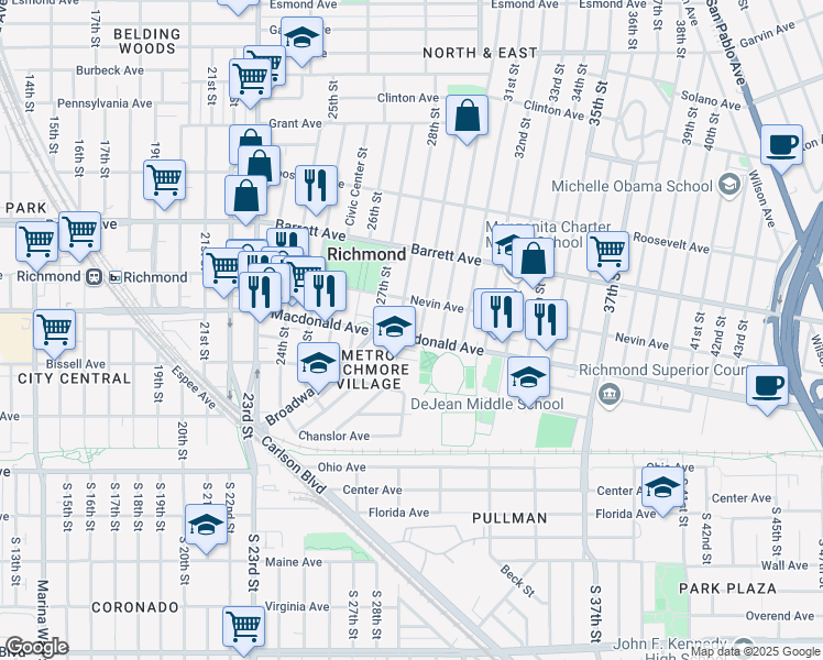 map of restaurants, bars, coffee shops, grocery stores, and more near 2821 Macdonald Avenue in Richmond