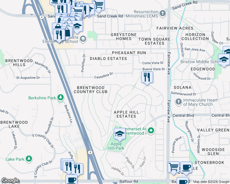map of restaurants, bars, coffee shops, grocery stores, and more near 641 Apple Hill Dr in Brentwood