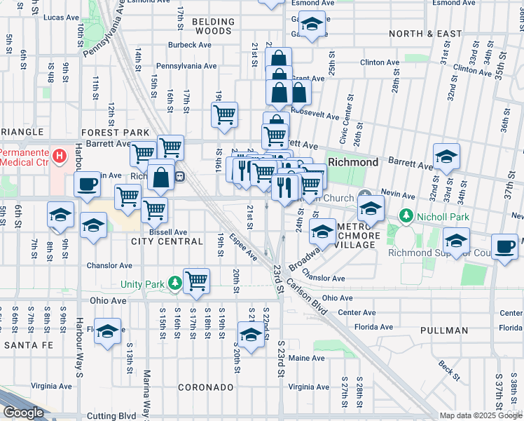 map of restaurants, bars, coffee shops, grocery stores, and more near 253 22nd St in Richmond