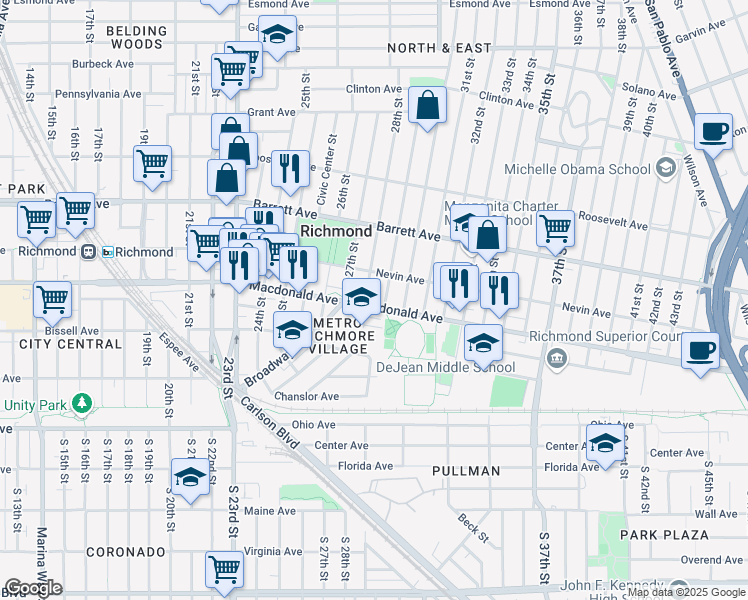 map of restaurants, bars, coffee shops, grocery stores, and more near 2821 Macdonald Avenue in Richmond