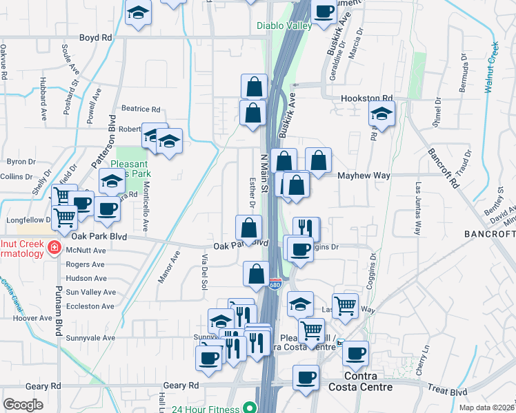 map of restaurants, bars, coffee shops, grocery stores, and more near 1029 Esther Drive in Pleasant Hill