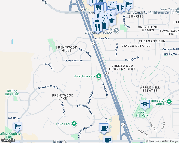 map of restaurants, bars, coffee shops, grocery stores, and more near 405 Roundhill Drive in Brentwood