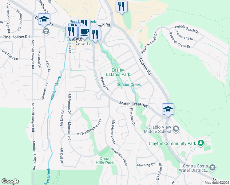 map of restaurants, bars, coffee shops, grocery stores, and more near 447 Zinfandel Circle in Clayton