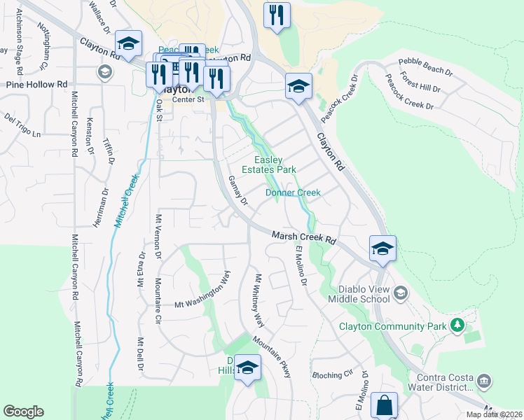 map of restaurants, bars, coffee shops, grocery stores, and more near 447 Zinfandel Circle in Clayton