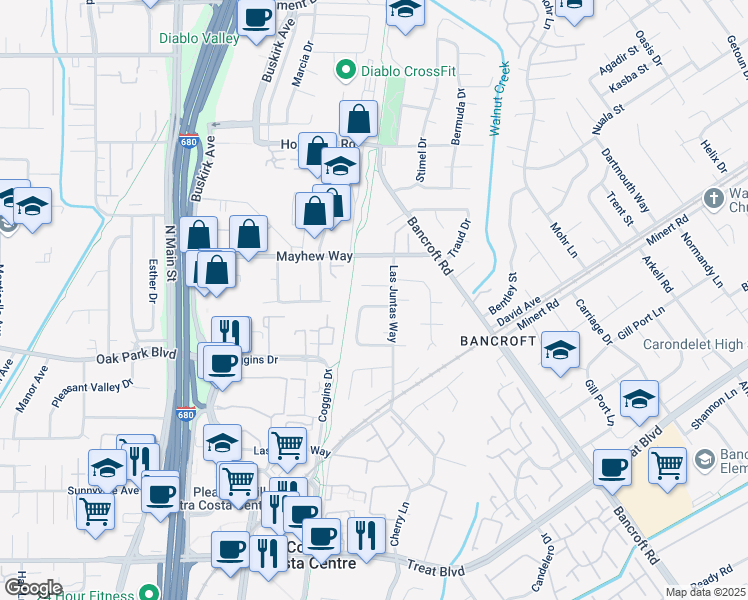 map of restaurants, bars, coffee shops, grocery stores, and more near 112 Greenwood Circle in Walnut Creek
