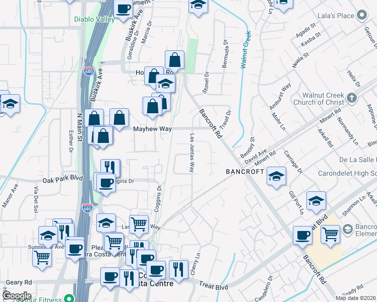 map of restaurants, bars, coffee shops, grocery stores, and more near 112 Greenwood Circle in Walnut Creek