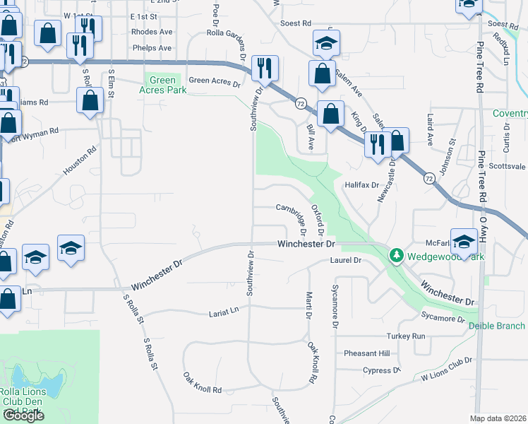 map of restaurants, bars, coffee shops, grocery stores, and more near 607 Norwich Drive in Rolla