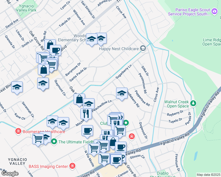 map of restaurants, bars, coffee shops, grocery stores, and more near 30 Primrose Court in Walnut Creek
