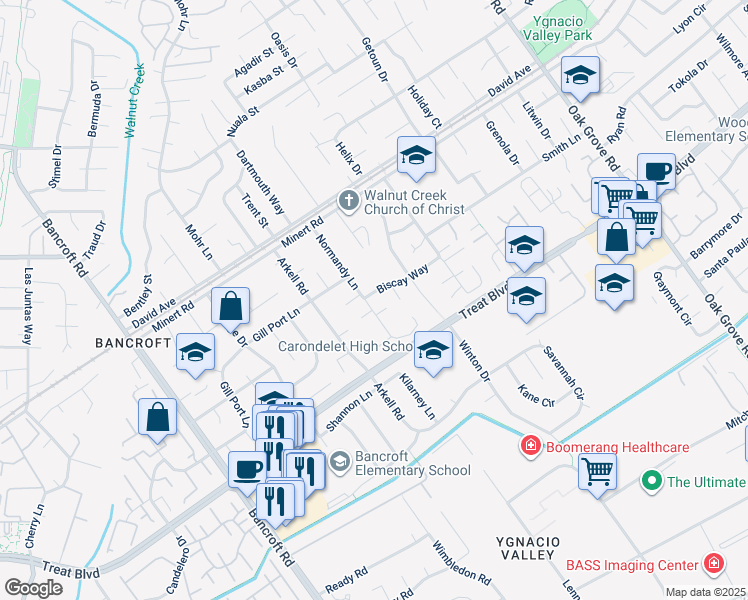 map of restaurants, bars, coffee shops, grocery stores, and more near 2501 Biscay Way in Walnut Creek