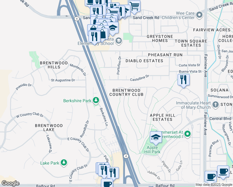 map of restaurants, bars, coffee shops, grocery stores, and more near 2310 Spartan Terrace in Brentwood