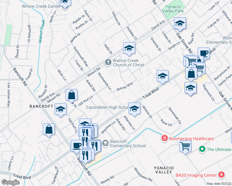 map of restaurants, bars, coffee shops, grocery stores, and more near 2501 Biscay Way in Walnut Creek