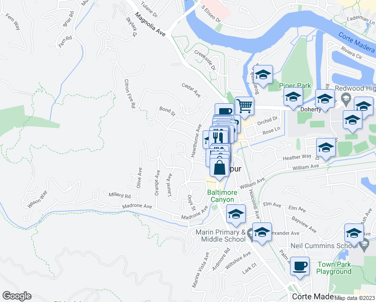 map of restaurants, bars, coffee shops, grocery stores, and more near 18 Myrtle Avenue in Larkspur