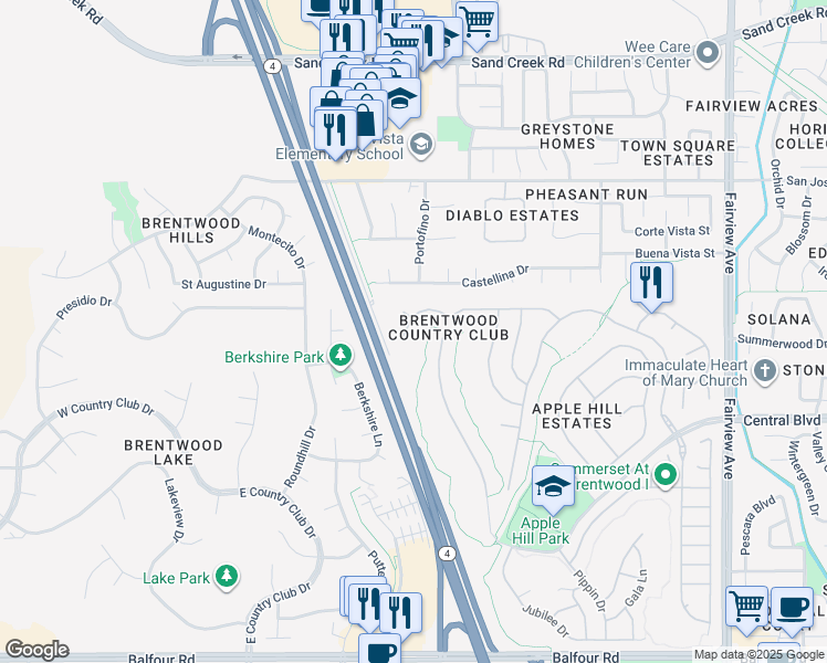 map of restaurants, bars, coffee shops, grocery stores, and more near 2310 Spartan Terrace in Brentwood