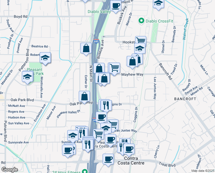 map of restaurants, bars, coffee shops, grocery stores, and more near 3250 Buskirk Avenue in Pleasant Hill