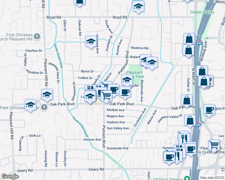 map of restaurants, bars, coffee shops, grocery stores, and more near 540 Patterson Boulevard in Pleasant Hill