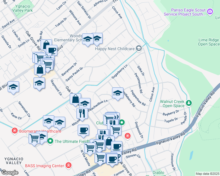 map of restaurants, bars, coffee shops, grocery stores, and more near 30 Primrose Court in Walnut Creek
