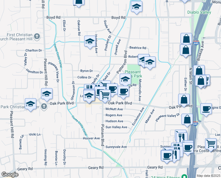 map of restaurants, bars, coffee shops, grocery stores, and more near 540 Patterson Boulevard in Pleasant Hill
