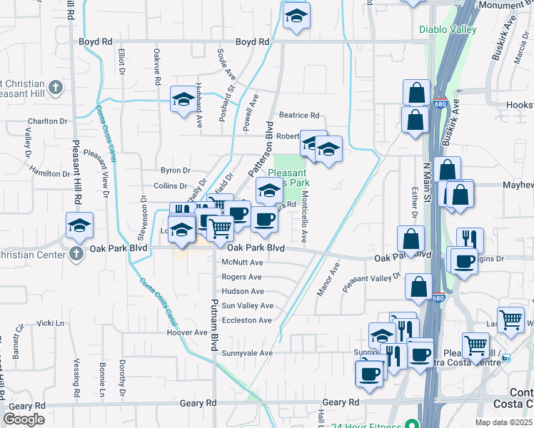 map of restaurants, bars, coffee shops, grocery stores, and more near 86 Santa Barbara Road in Pleasant Hill