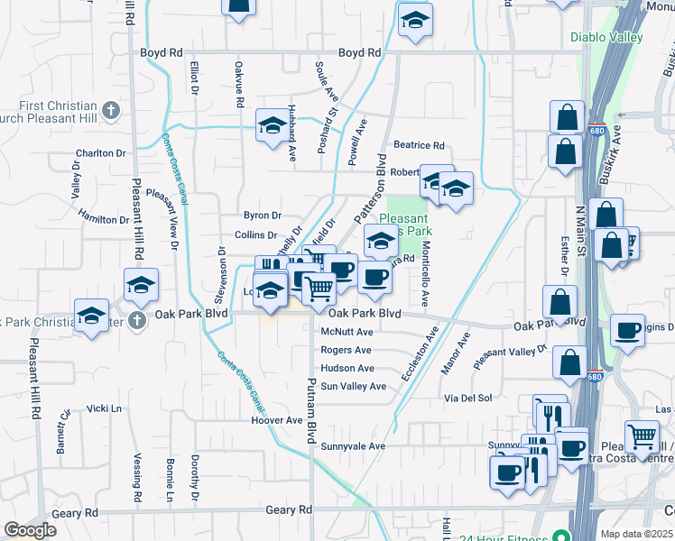 map of restaurants, bars, coffee shops, grocery stores, and more near 598 Patterson Boulevard in Pleasant Hill