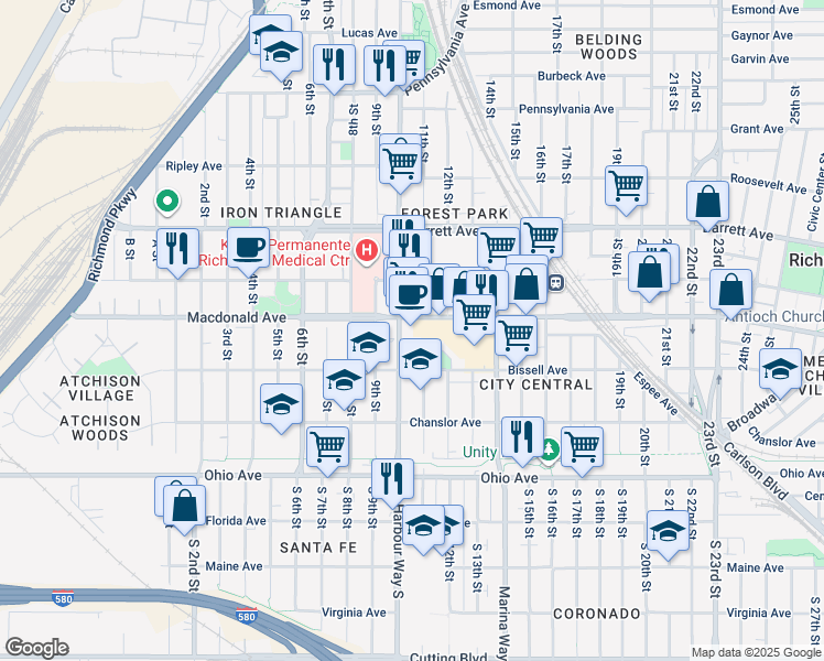 map of restaurants, bars, coffee shops, grocery stores, and more near 244 Harbour Way in Richmond