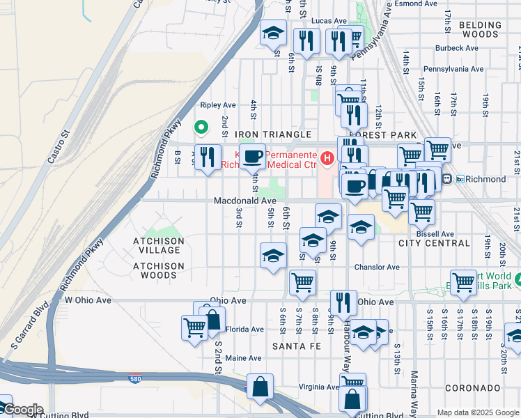map of restaurants, bars, coffee shops, grocery stores, and more near 250 4th Street in Richmond