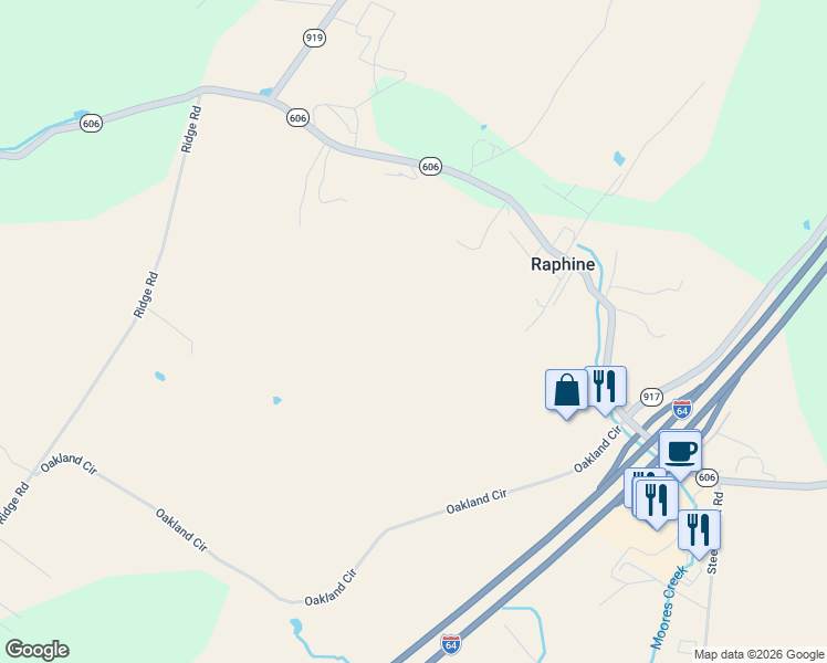 map of restaurants, bars, coffee shops, grocery stores, and more near 88 Days Lane in Raphine