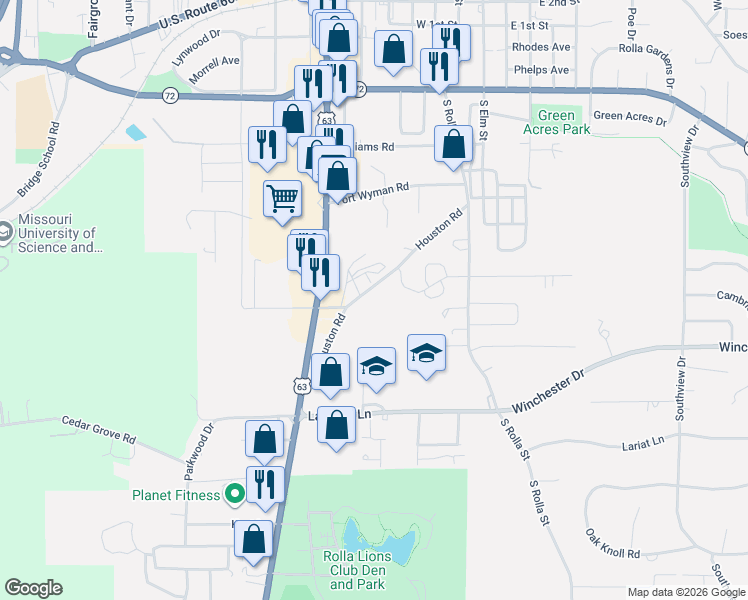 map of restaurants, bars, coffee shops, grocery stores, and more near 651 Houston Road in Rolla