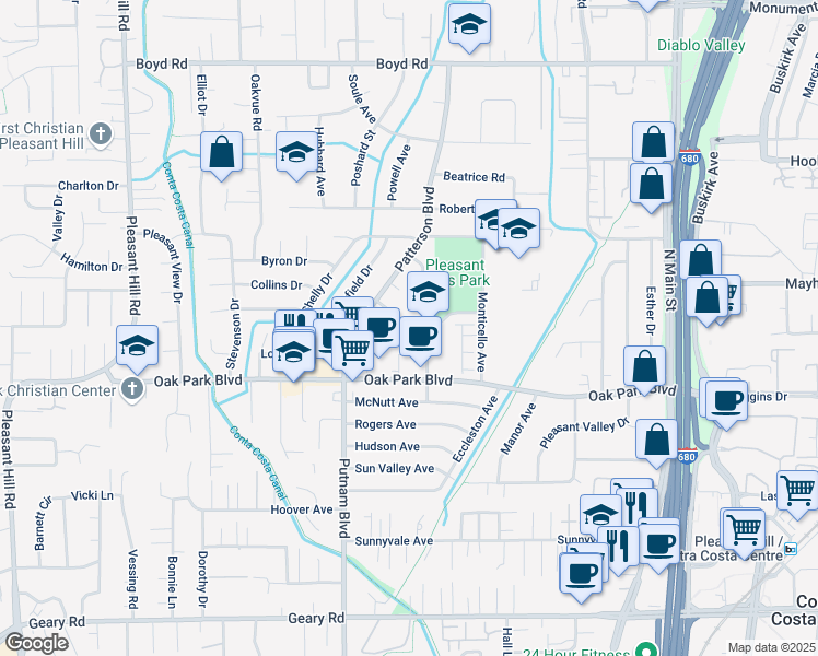 map of restaurants, bars, coffee shops, grocery stores, and more near 85 Santa Barbara Road in Pleasant Hill