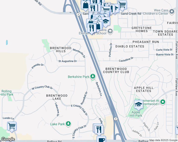 map of restaurants, bars, coffee shops, grocery stores, and more near 881 Inverness Lane in Brentwood