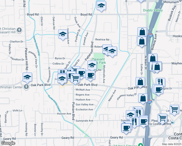 map of restaurants, bars, coffee shops, grocery stores, and more near 86 Santa Barbara Road in Pleasant Hill
