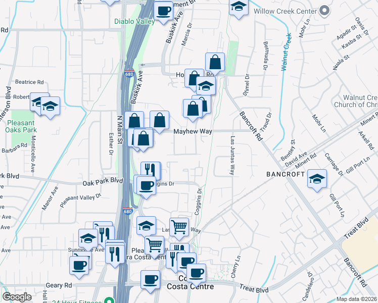 map of restaurants, bars, coffee shops, grocery stores, and more near 184 Ludell Drive in Walnut Creek