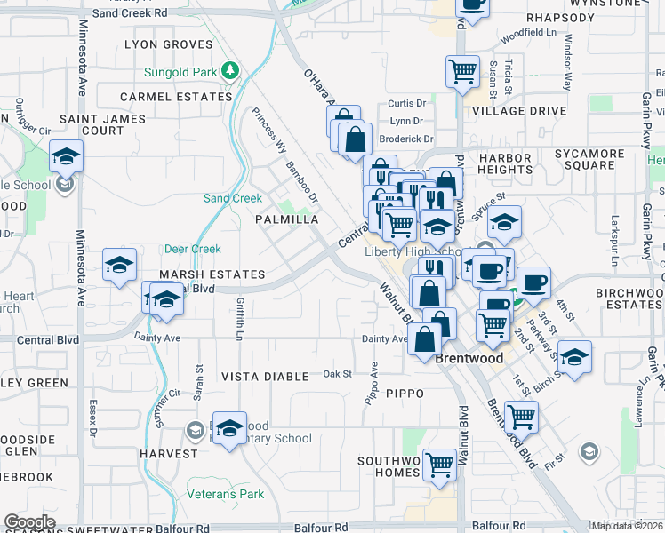 map of restaurants, bars, coffee shops, grocery stores, and more near 337 Bougainvilla Drive in Brentwood