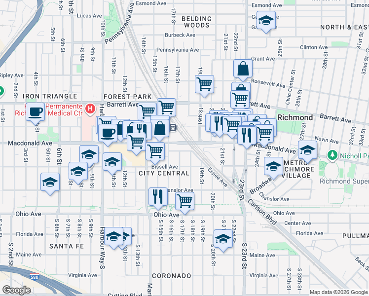 map of restaurants, bars, coffee shops, grocery stores, and more near 251 17th Street in Richmond