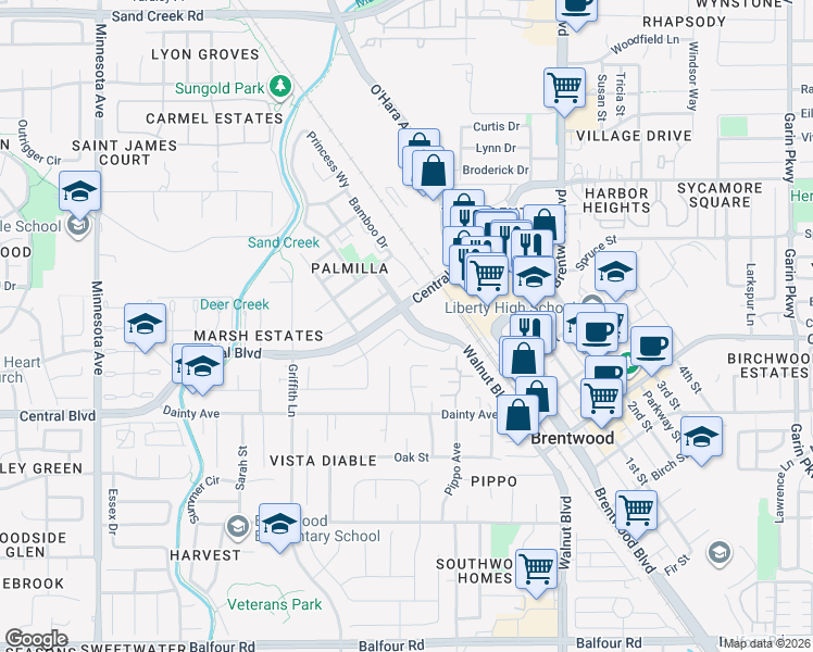 map of restaurants, bars, coffee shops, grocery stores, and more near 337 Bougainvilla Drive in Brentwood