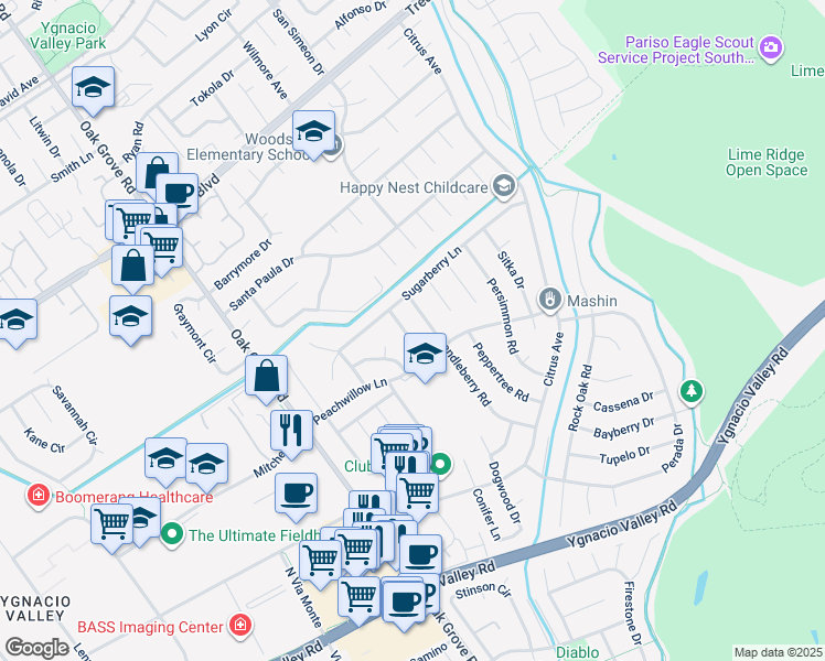 map of restaurants, bars, coffee shops, grocery stores, and more near 632 Wintergreen Lane in Walnut Creek