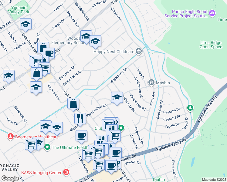 map of restaurants, bars, coffee shops, grocery stores, and more near 632 Wintergreen Lane in Walnut Creek