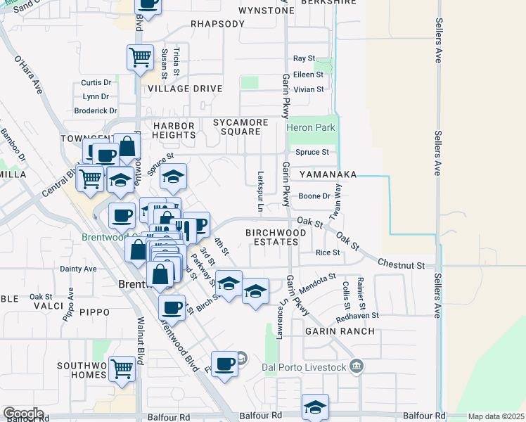 map of restaurants, bars, coffee shops, grocery stores, and more near 58-78 Oak Street in Brentwood