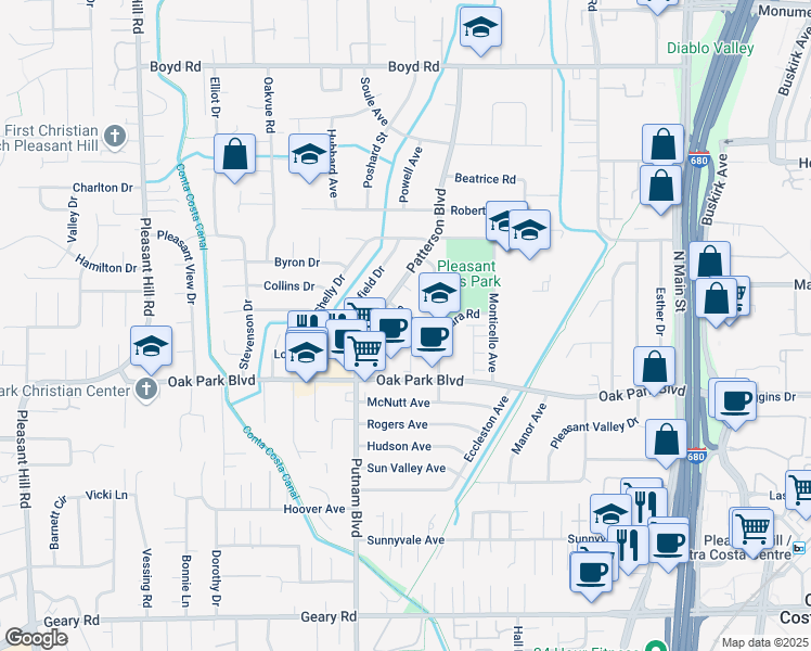 map of restaurants, bars, coffee shops, grocery stores, and more near 91 Santa Barbara Road in Pleasant Hill