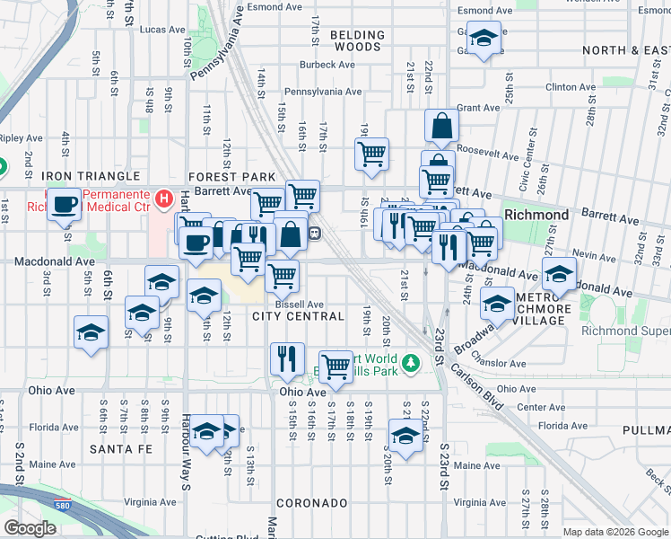 map of restaurants, bars, coffee shops, grocery stores, and more near 251 17th Street in Richmond