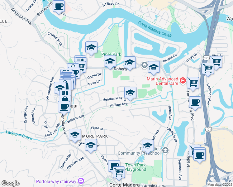 map of restaurants, bars, coffee shops, grocery stores, and more near 32 Heather Way in Larkspur