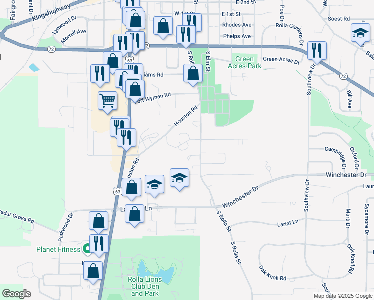 map of restaurants, bars, coffee shops, grocery stores, and more near 311 Santa Fe Trails in Rolla
