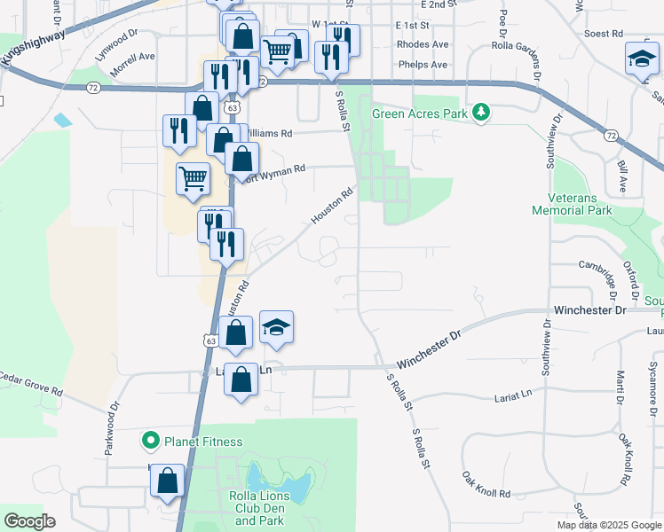 map of restaurants, bars, coffee shops, grocery stores, and more near 311 Santa Fe Trails in Rolla