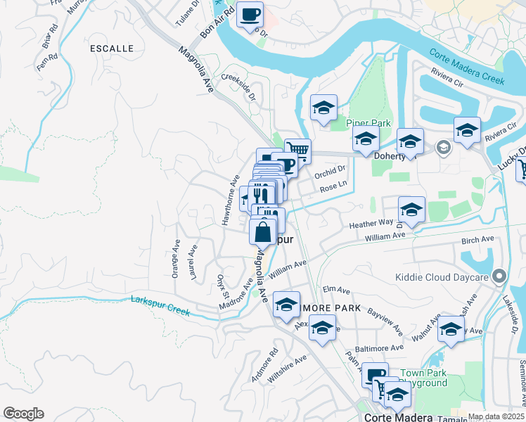 map of restaurants, bars, coffee shops, grocery stores, and more near 444 Magnolia Avenue in Larkspur
