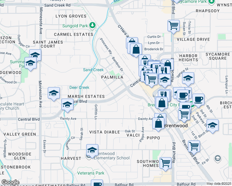 map of restaurants, bars, coffee shops, grocery stores, and more near 342 MacArthur Way in Brentwood